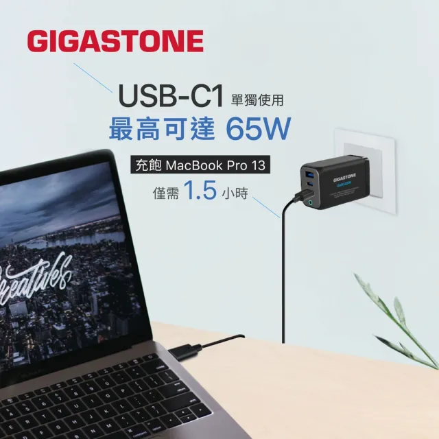 【Gigastone 立達國際】(2入組) 65W GaN氮化鎵三孔USB-C快充充電器PD-7656(iPhone17/iPad/MacBook充電頭)