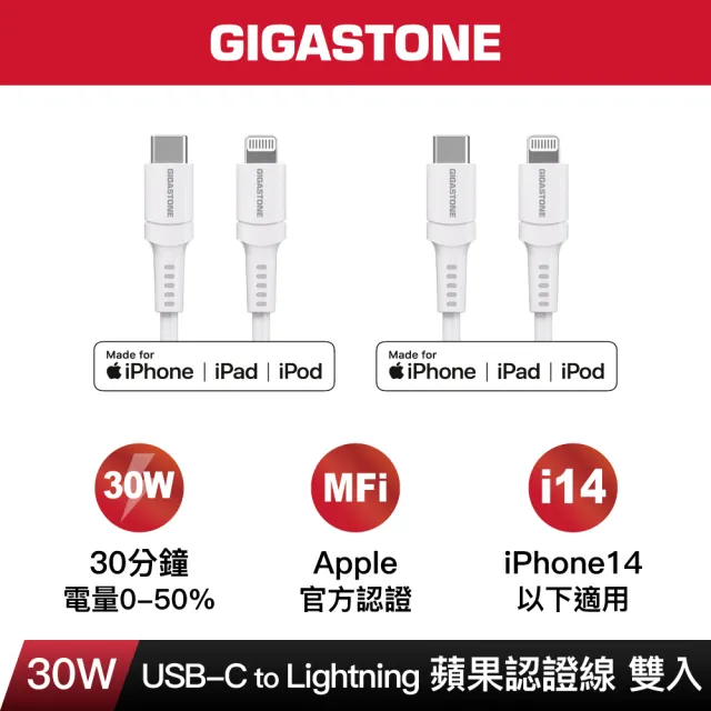 【Gigastone 立達國際】2入組Type-c to Lightning 30W充電傳輸線CL-7600W(支援iPhone 14/13 30W快速充電)