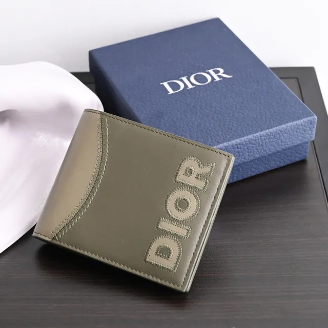 【Dior 迪奧】個性撞色拼接小牛皮對開8卡短夾(灰綠)