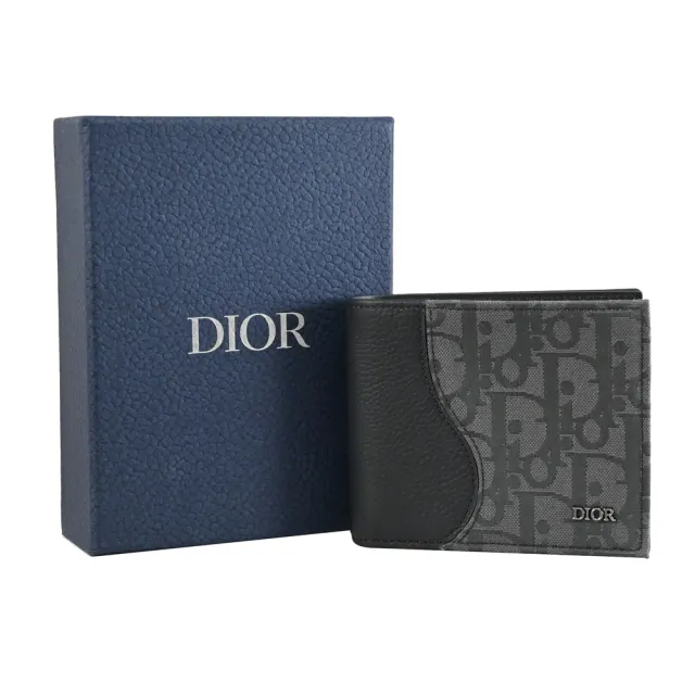 【Dior 迪奧】經典LOGO緹花牛皮拼接雙層8卡對折短夾(灰綠)