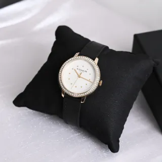 【COACH】專櫃款 馬車LOGO鑲鑽邊框皮革石英腕錶(黑/金)