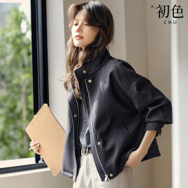 【初色】復古風立領長袖拉鍊單排扣寬鬆仿牛仔外套女外套-藏青色-15955(M-2XL可選)