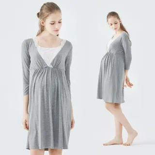 【Gennies 奇妮】親膚蕾絲居家哺乳衣-灰(孕婦裝 月子服 居家服 睡衣 哺乳洋裝 下拉哺乳)