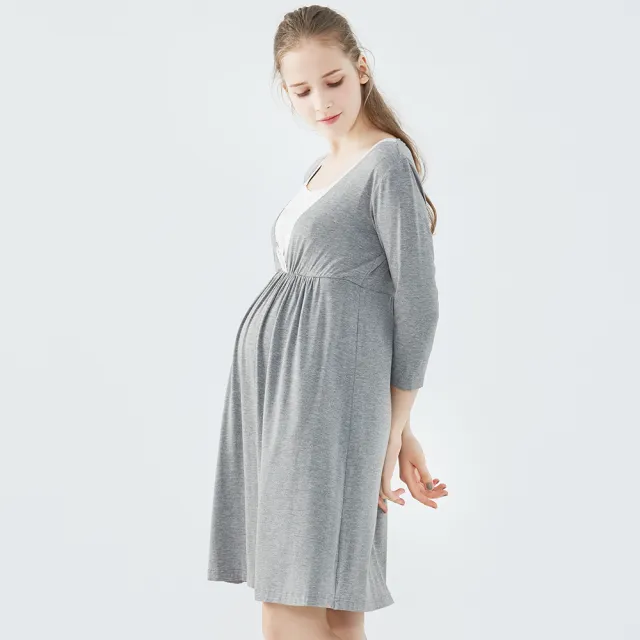 【Gennies 奇妮】親膚蕾絲居家哺乳衣-灰(孕婦裝 月子服 居家服 睡衣 哺乳洋裝 下拉哺乳)