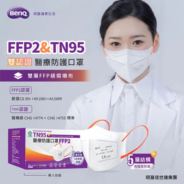 【明基健康生活】怡安 FFP2/TN95雙認證 醫療防護五層立體口罩20片/盒x3盒(歐規N95等級)