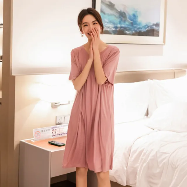 【AnZa】寬鬆莫代爾居家服睡衣連身裙(中大尺碼洋裝長版上衣)