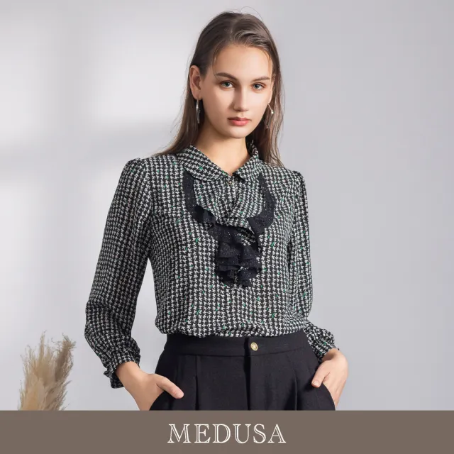 【MEDUSA 曼度莎】現貨-通勤必備-黑色千鳥格水鑽荷葉雪紡襯衫（M-XL）｜女上班襯衫 長袖雪紡衫(701-50001)