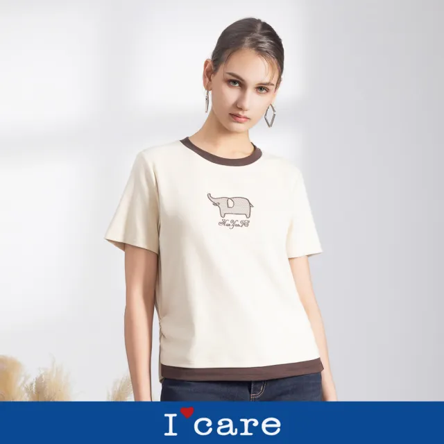 【I’Care 依卡】現貨-撞色小象美式休閒T恤（M-L）｜女短袖T恤 女休閒上衣 女短袖上衣(710-56911)