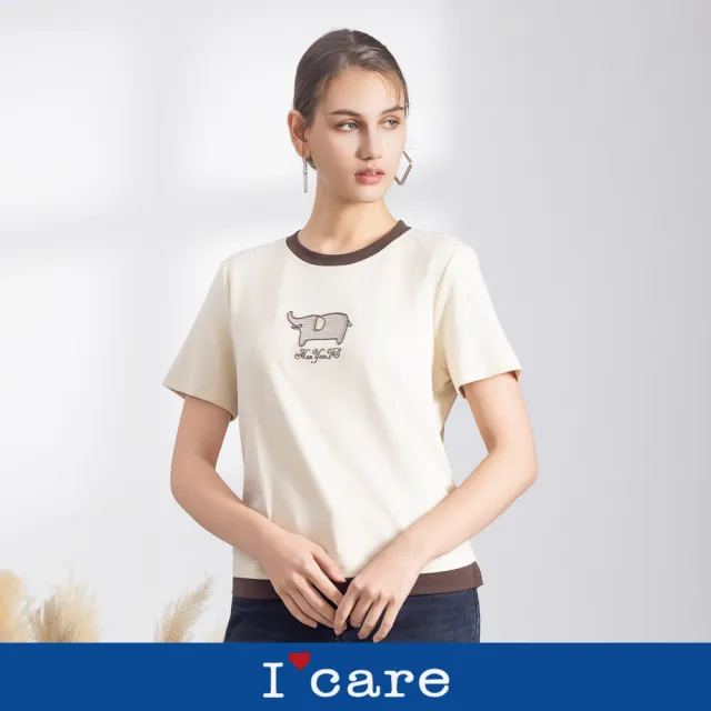 【I’Care 依卡】現貨-撞色小象美式休閒T恤（M-L）｜女短袖T恤 女休閒上衣 女短袖上衣(710-56911)