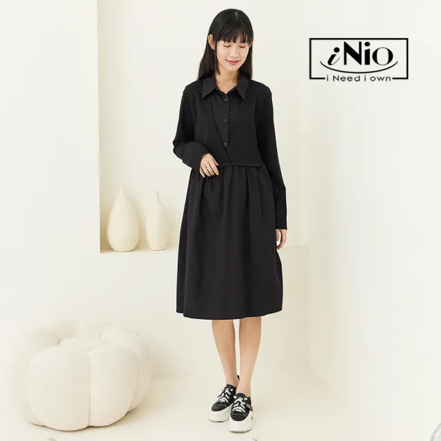 【iNio 衣著美學】長袖洋裝 假兩件 拼接設計 襯衫洋裝 黑色連身裙(CCW3502)