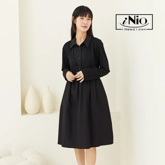【iNio 衣著美學】長袖洋裝 假兩件 拼接設計 襯衫洋裝 黑色連身裙(CCW3502)