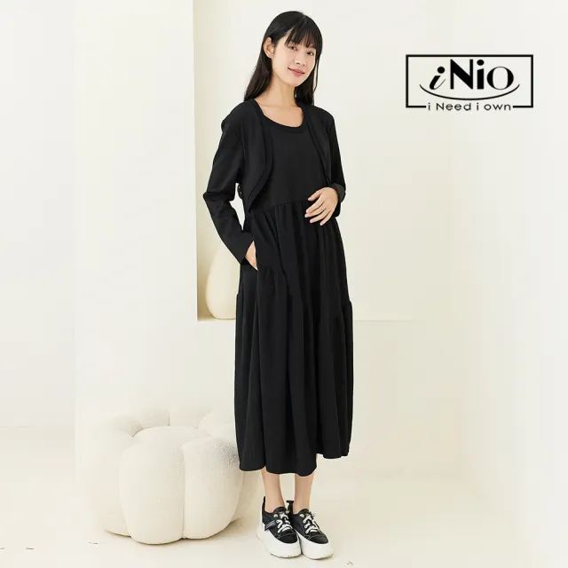 【iNio 衣著美學】長袖洋裝 假兩件拼接 外套風 長袖連身裙 百搭休閒洋裝(CCW3512)