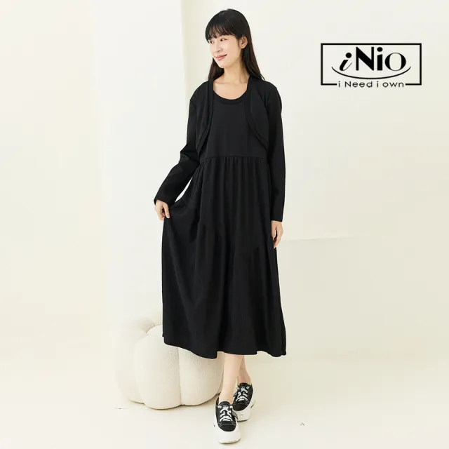 【iNio 衣著美學】長袖洋裝 假兩件拼接 外套風 長袖連身裙 百搭休閒洋裝(CCW3512)