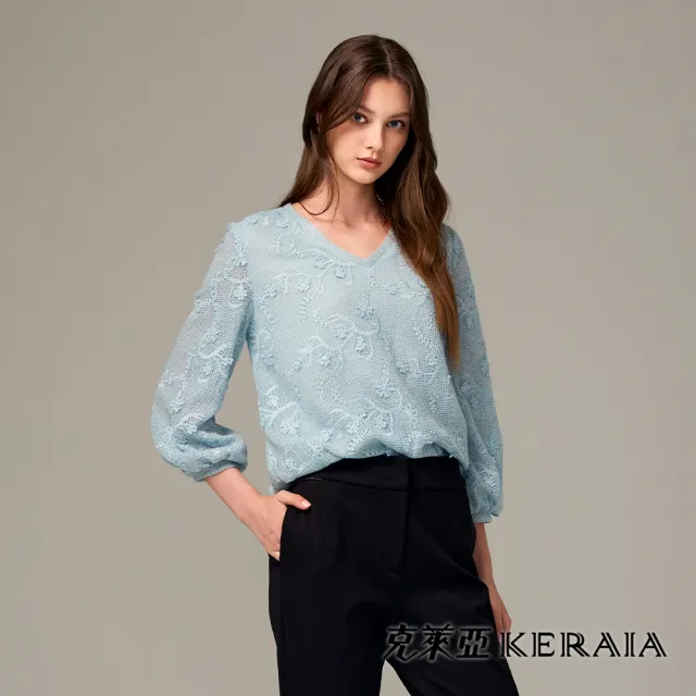 【KERAIA 克萊亞】水月飄花手鉤繡花V領上衣