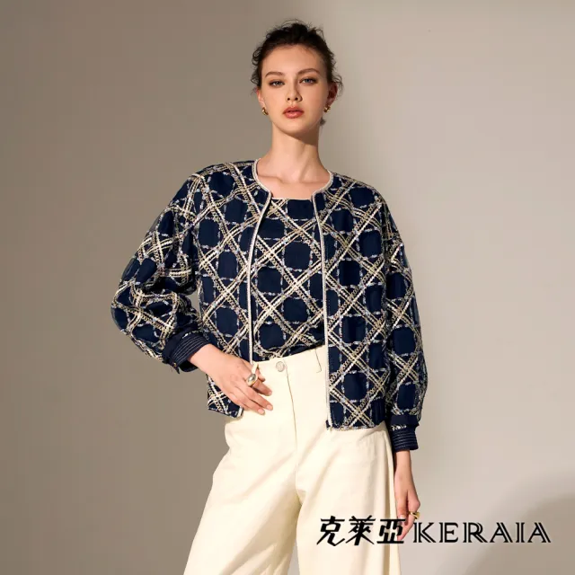 【KERAIA 克萊亞】晚月藍調格紋刺繡上衣