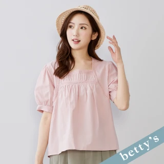 【betty&rsquo;s 貝蒂思】出清品  方領蕾絲壓褶五分袖上衣(粉色)