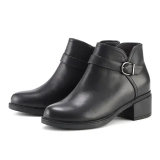 【MAGY】側環飾牛皮中跟簡約短靴(黑色)