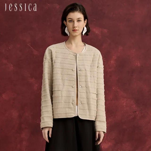 【JESSICA】寬鬆帥氣人造皮立體紋理圓領皮衣外套J54001(米)
