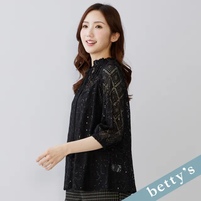【betty’s 貝蒂思】出清品  菱格紋亮片蕾絲綁帶上衣(黑色)