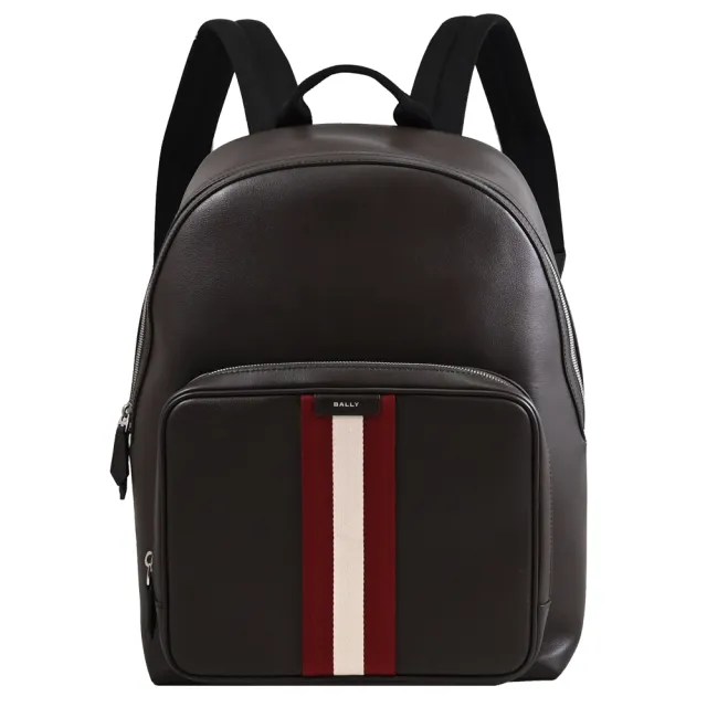 【BALLY】CODE BACK 經典紅白織帶小牛皮大商務包後背包(深咖)