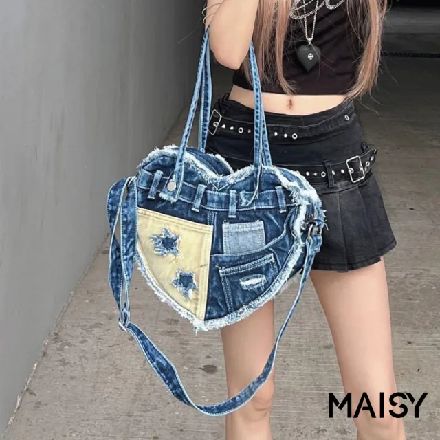 【MAISY】潮流復古牛仔帆布愛心單肩包 手提包 斜跨包(藍色/綠色)