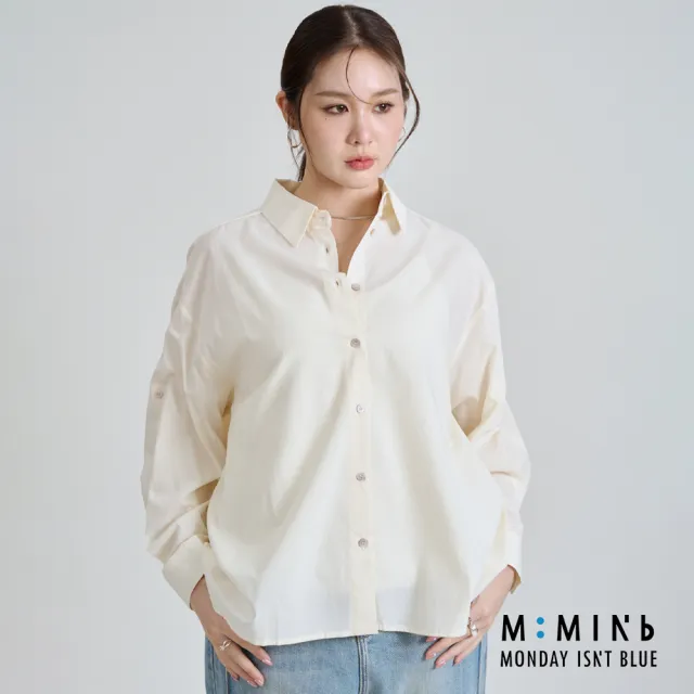 【M：MINb】多WAY鈕扣抓摺百搭長袖襯衫(米色/中大尺碼女裝/上衣/大尺碼女裝/大尺碼通勤穿搭)