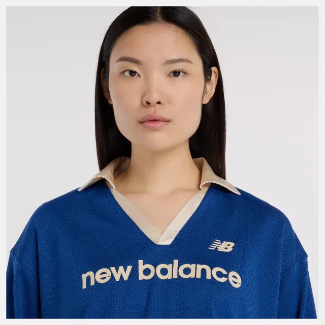 【NEW BALANCE】NB 長袖上衣 V領球衣 女 網眼 美規 藍白 WT53530GAB