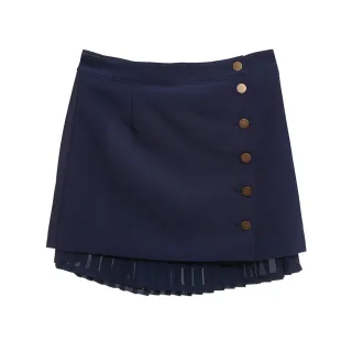 【iROO】學院風異材質拼接百折流行設計短裙