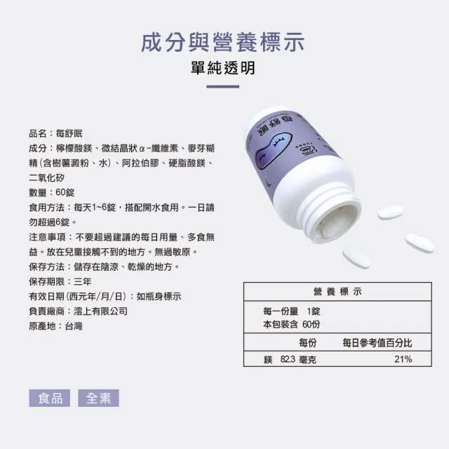 【YUNBO 澐上】每舒眠錠3入組 60錠/罐(幫助入睡 檸檬酸鎂 贈品隨附)