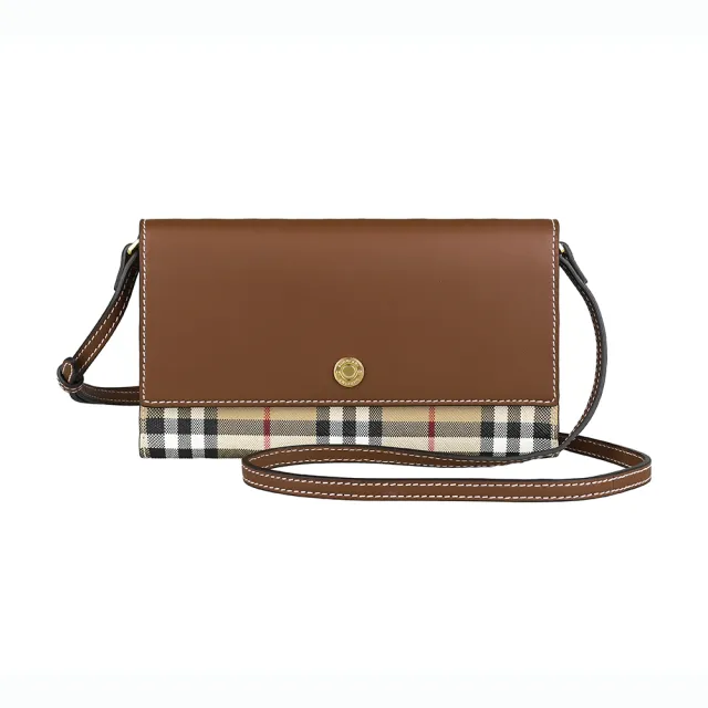【BURBERRY 巴寶莉】BURBERRY Hannah 金釦刻印LOGO小牛皮拼格紋PVC按釦斜背長夾包(淺棕x米格紋)
