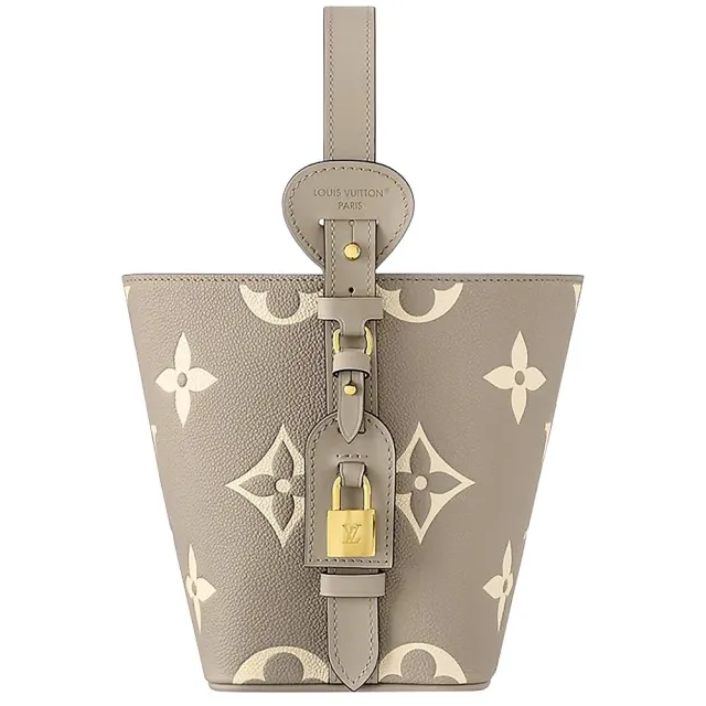 【Louis Vuitton 路易威登】M13045 All In BB 斑鳩灰押花粒面牛皮鎖頭吊飾多揹法水桶包(水桶包)