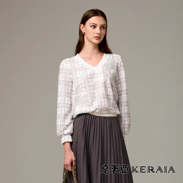 【KERAIA 克萊亞】天使輕吻V領格紋上衣