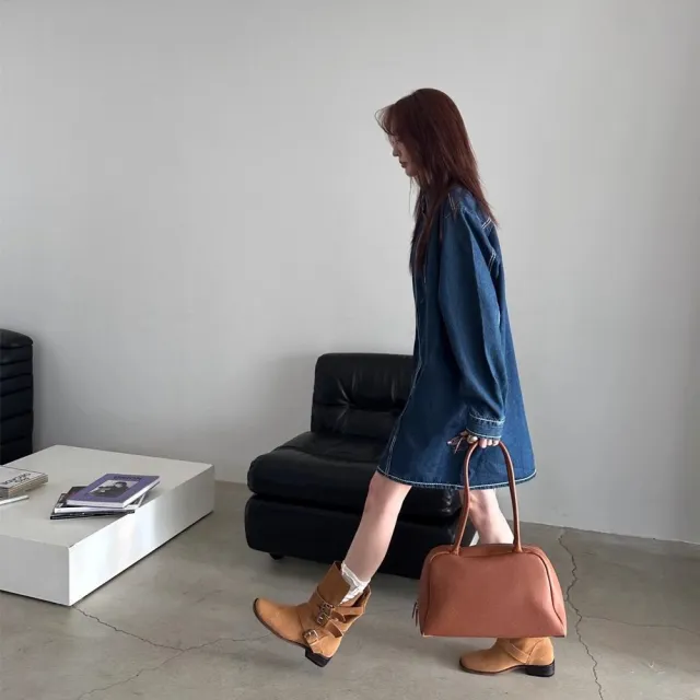 【baibeauty 白鳥麗子】街頭丹寧撞色縫線排釦翻領長袖洋裝(長袖洋裝)