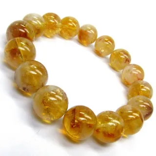 【小樂珠寶】頂級大顆13.5-14mm濃郁黃水晶 手珠手鍊少有大粒徑款Q37(頂級開運能量水晶首選款)