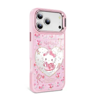 【apbs】三麗鷗 iPhone 17/16/15/14/13系列 軍規防摔合金框隱形立架鏡面磁吸手機殼(捧花凱蒂-粉框)