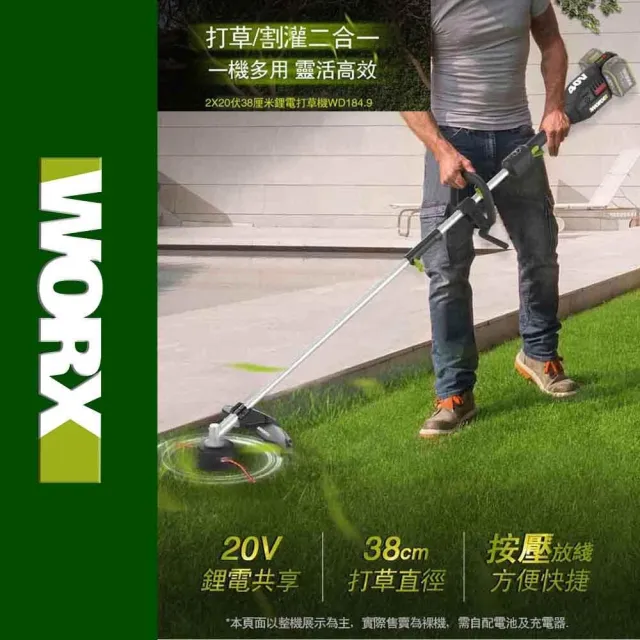 【WORX 威克士】40V 38cm 割草機 WD184.9(修草機 剪草機 打草機 無刷鋰電割草機 2合一 多功能 園藝)