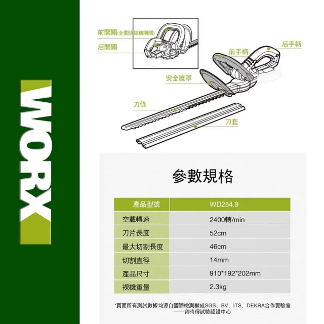 【WORX 威克士】20V 46cm 無刷鋰電修籬機 WD254.9(修籬機 籬笆剪 修枝 園藝 鋰電籬笆機 多功能修剪機)