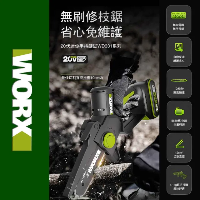 【WORX 威克士】20V 12cm 迷你小型電鋸 WD331.2(鋸子 便攜 鋸木 鍊鋸機 電動鋸子 無刷鋰電迷你小型電鋸)