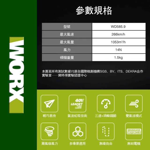 【WORX 威克士】40V 無刷鋰電吹風機 WD585.1(鼓風機 吹葉機 渦輪式 無刷 鋰電 吹塵 打掃 超大流量吹葉機)
