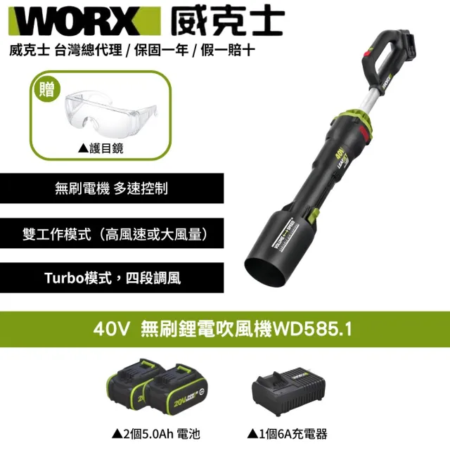 【WORX 威克士】40V 無刷鋰電吹風機 WD585.1(鼓風機 吹葉機 渦輪式 無刷 鋰電 吹塵 打掃 超大流量吹葉機)