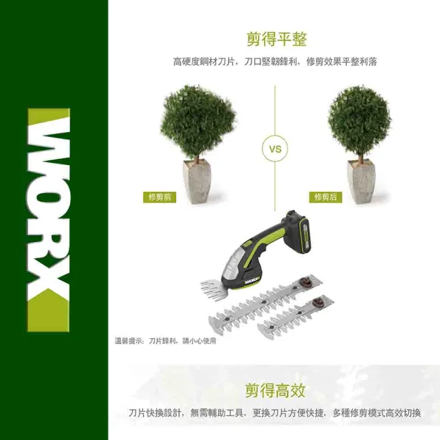 【WORX 威克士】20V 鋰電修草機 WD801(修草機 割草機 手持 修枝 剪草機 籬笆剪 鋰電修籬機)