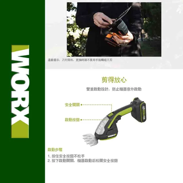 【WORX 威克士】20V 鋰電修草機 WD801.1(修草機 割草機 手持 修枝 剪草機 籬笆剪 鋰電修籬機)