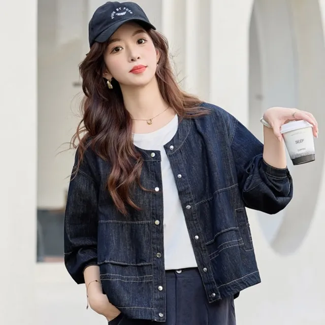【巴黎精品】韓風牛仔外套經典丹寧夾克牛仔襯衫大碼休閒女裝(圓領層次牛仔女外套n1ln36)