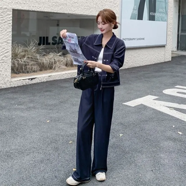 【巴黎精品】韓風牛仔套裝牛仔外套牛仔褲丹寧夾克襯衫休閒女裝(復古撞色明線牛仔套裝n1ln28)