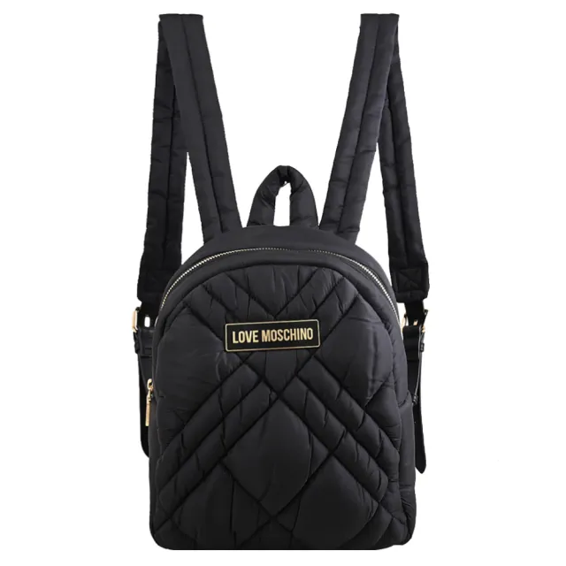 【MOSCHINO】LOVE MOSCHINO 金屬LOGO菱格紋厚尼龍後背包(黑)