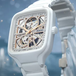 【Rado 雷達表】廣告熱賣款 True Square真方系列鏤空機械錶 鑽石星塵面白陶瓷12真鑽 R01(R27073722)