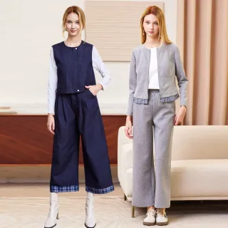 【MYVEGA 麥雪爾】MA丹寧牛仔/格紋拼接二件式套裝-二款任選(通勤風/套裝/真二件式)