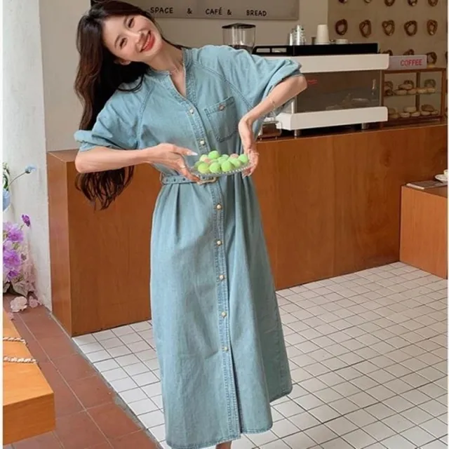 【baibeauty 白鳥麗子】休閒牛仔排釦V領泡泡五分袖洋裝附腰帶(連身裙)