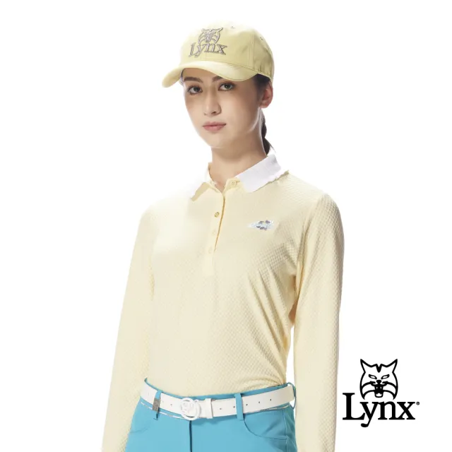 【Lynx Golf】女款吸濕排汗抗UV兩側開岔胸前刺繡緹花造型POLO衫(二色)