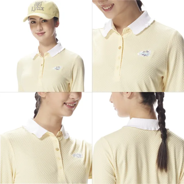 【Lynx Golf】女款吸濕排汗抗UV兩側開岔胸前刺繡緹花造型POLO衫(二色)